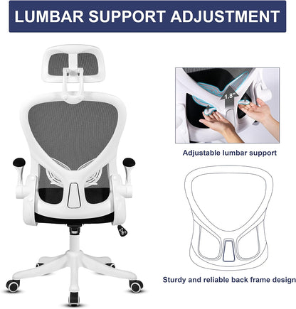 Office Chair, Ergonomic Desk Chair, Computer Chair, Office Desk Chair, Ergonomic Chair, Mesh Computer Chair with Adjustable Headrest and Lumbar Support, Home Office Chair White