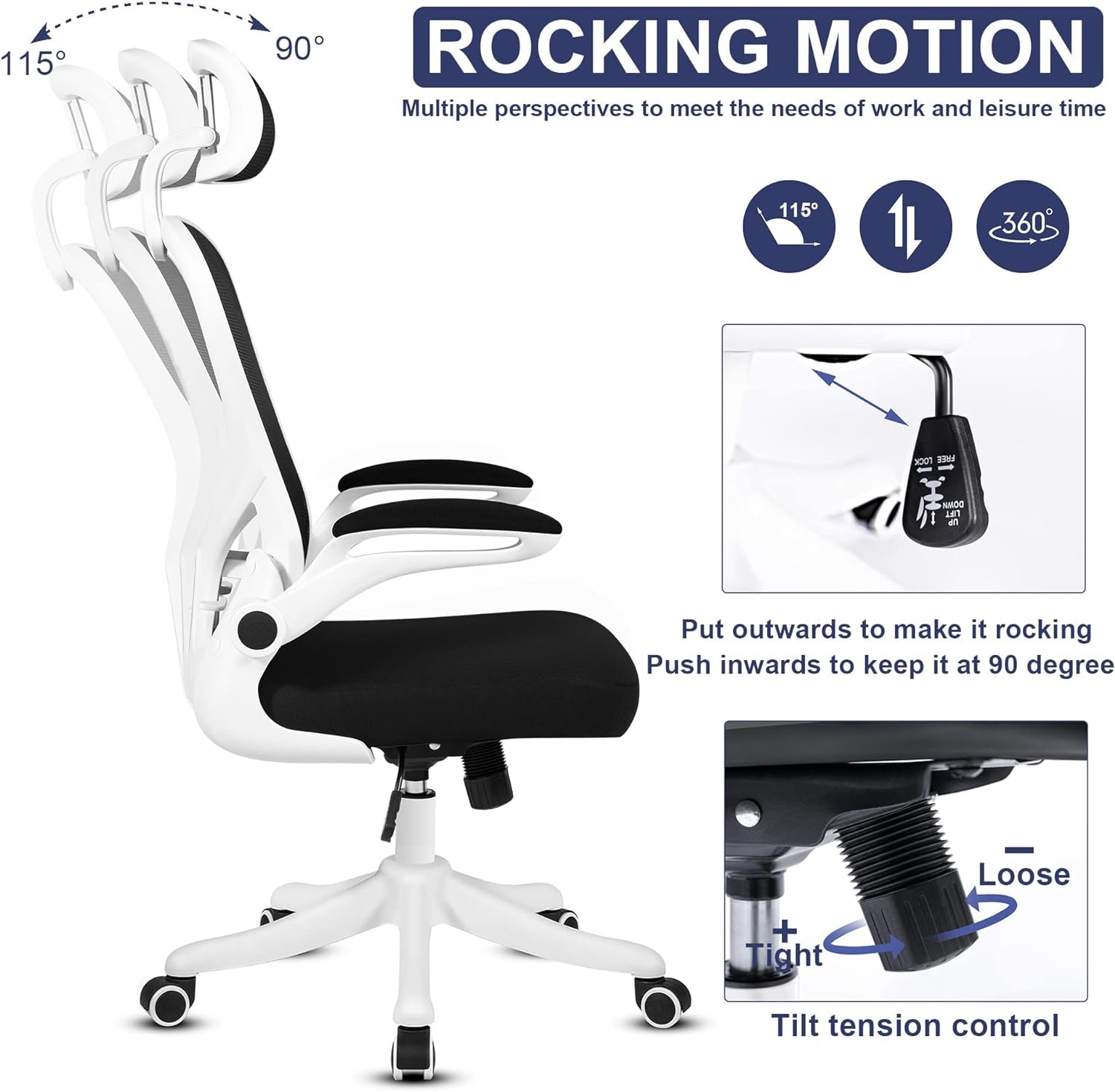 Office Chair, Ergonomic Desk Chair, Computer Chair, Office Desk Chair, Ergonomic Chair, Mesh Computer Chair with Adjustable Headrest and Lumbar Support, Home Office Chair White